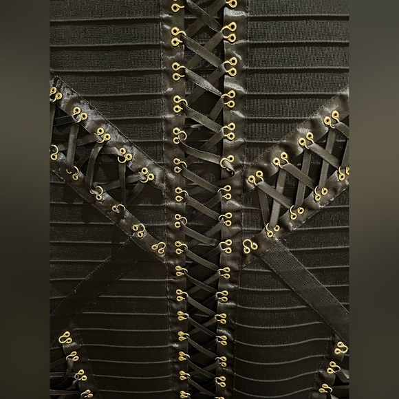 Black mini bodycon dress with black lace and gold grommet details. New with tags - Picture 4 of 4